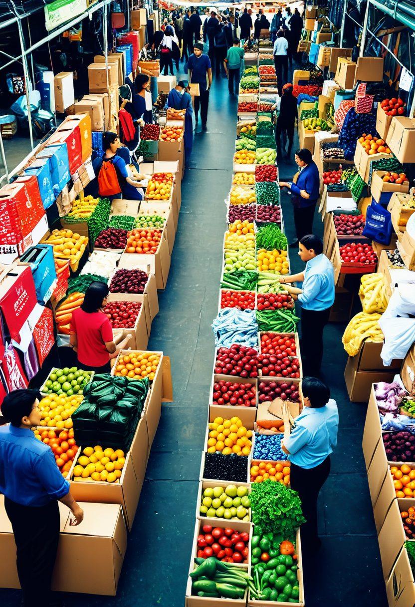 A bustling wholesale market scene with vibrant stalls full of various bulk items like fruits, vegetables, electronics, and textiles. Include a business person negotiating with a vendor, stacks of shipping boxes, and price tags showing discounts. Background elements like busy shoppers and bright banners should be included to add liveliness. Semi-realistic style. vibrant colors. bustling atmosphere.