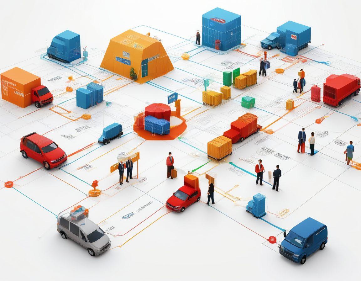 Depict a network diagram with interconnected wholesale warehouses, retail stores, and transportation lines, symbolizing robust connections and bulk transactions. In the background, include business charts, growth arrows, and handshake symbols to signify success. Diverse businesspeople interacting and negotiating deals around the central network. super-realistic. vibrant colors. white background.